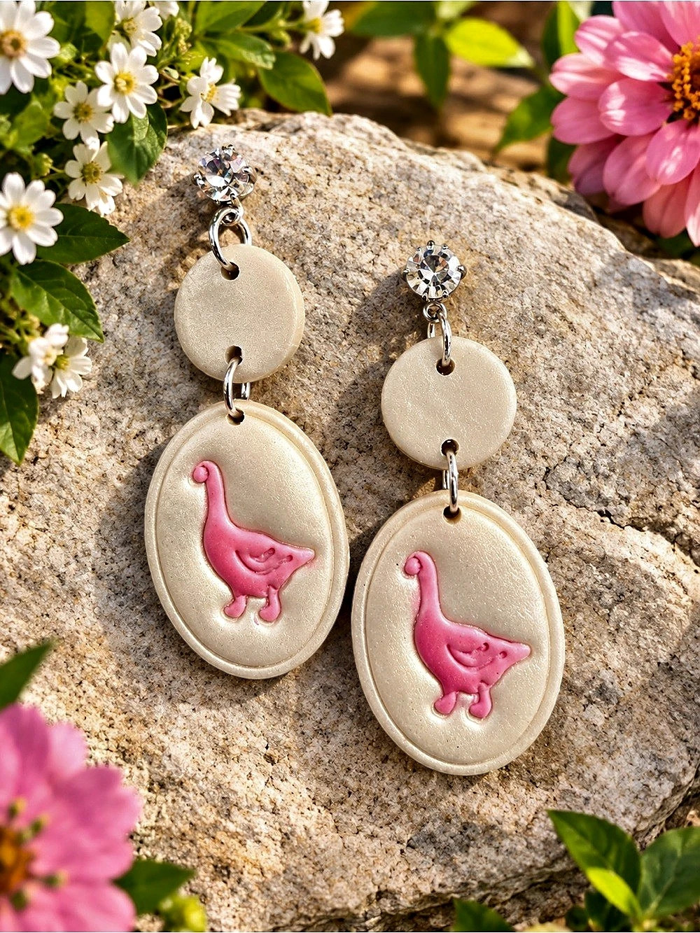 Pink & Cream Dangle Handmade Polymer Clay Earrings